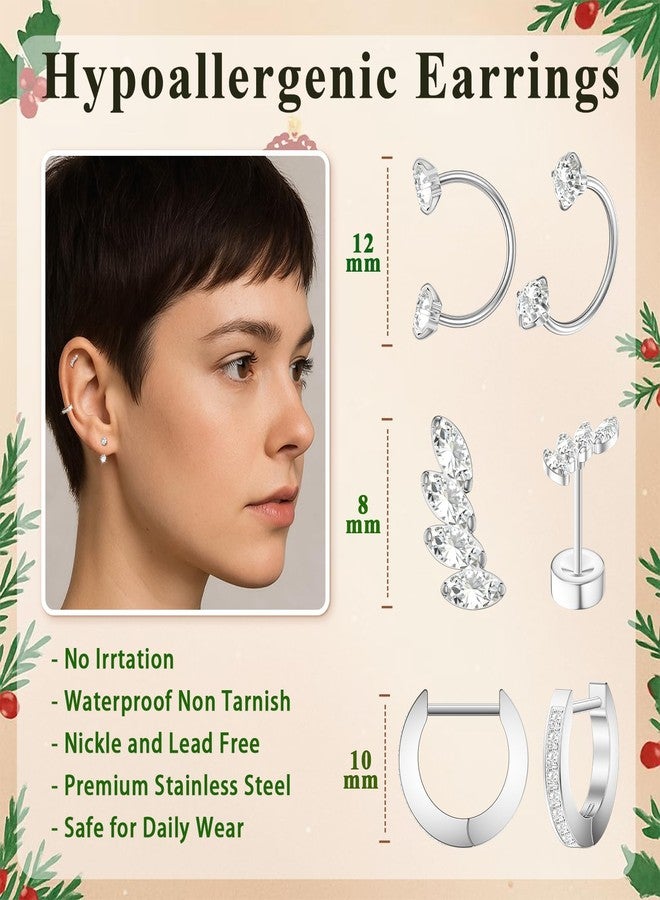 davka 3 Pairs Silver Hoop and Stud Earrings for Women, Hypoallergenic Stainless Steel Hoop Earrings with CZ, Dainty Stackable Earrings for Multiple Piercings and Cartilage Jewelry Christmas Gift - Image 4